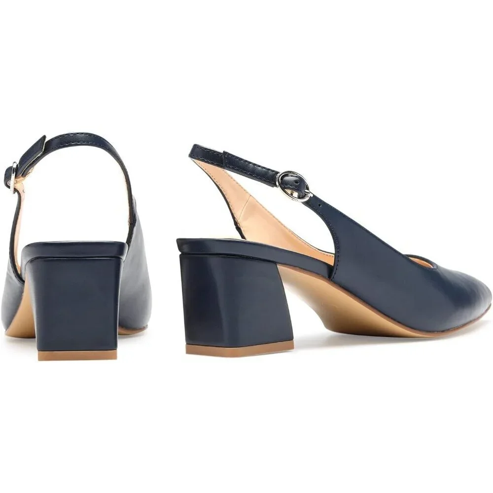 Women Slingback Navy Toe Block Heel Pump Low Heel Office Wedding Dress Shoes